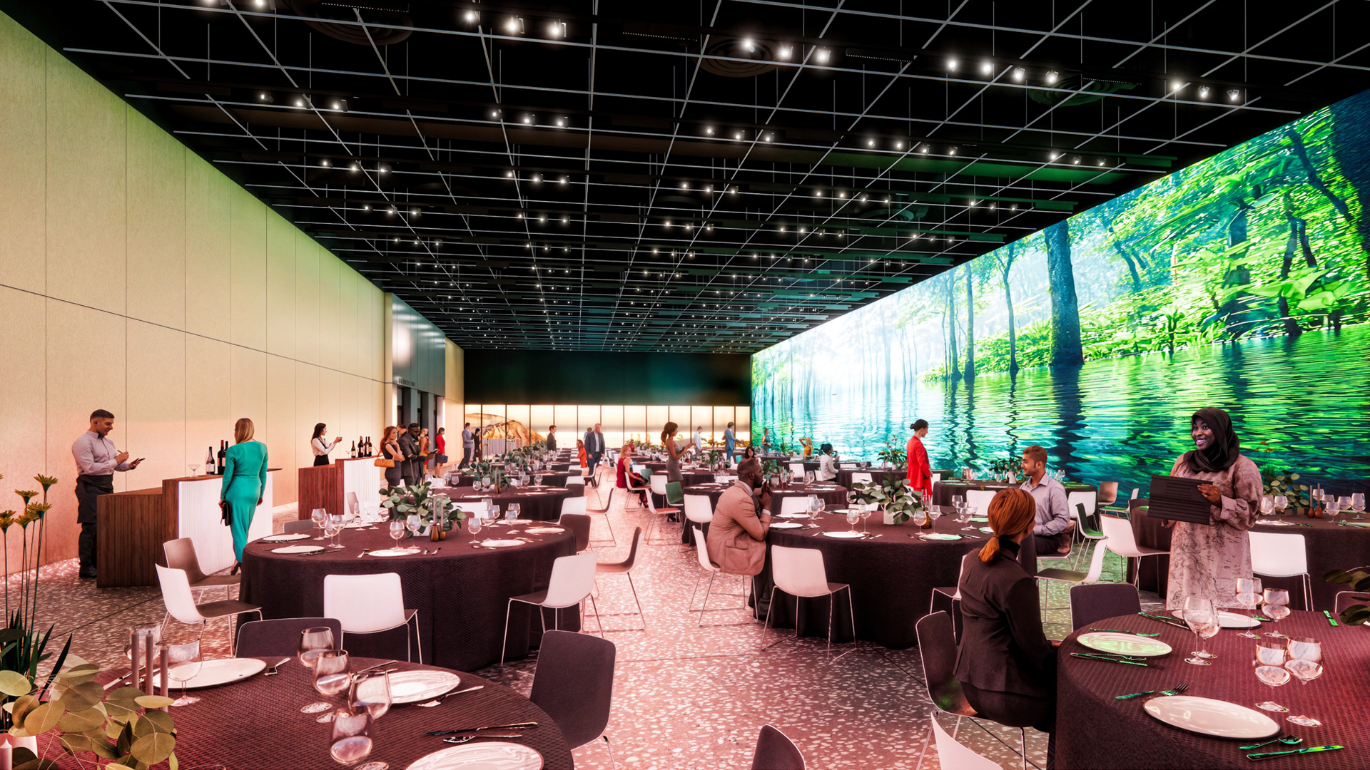 By night, flexible gallery space transforms into community events space for over 400 guests