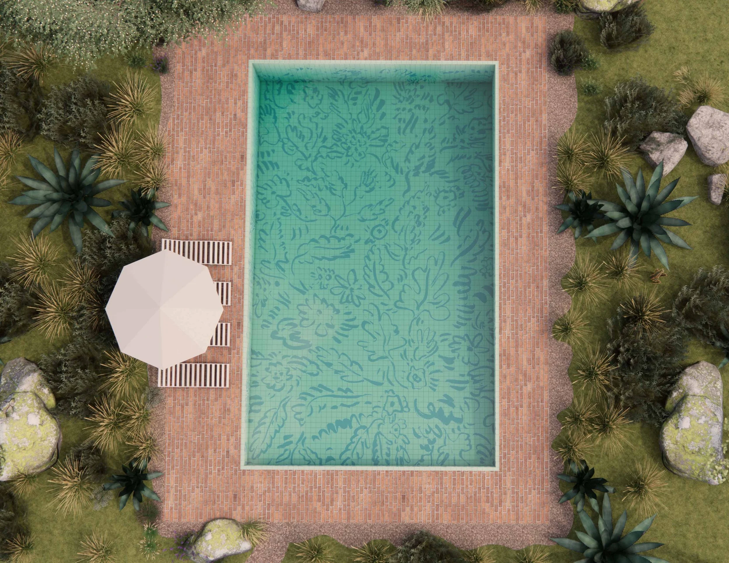 Hand painted tiles for a pool at a private residence.