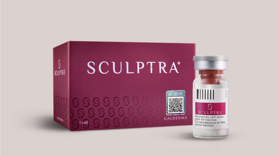 A box and vial of Sculptra, a cosmetic dermal filler, with the box in red and the vial labeled for injection use.