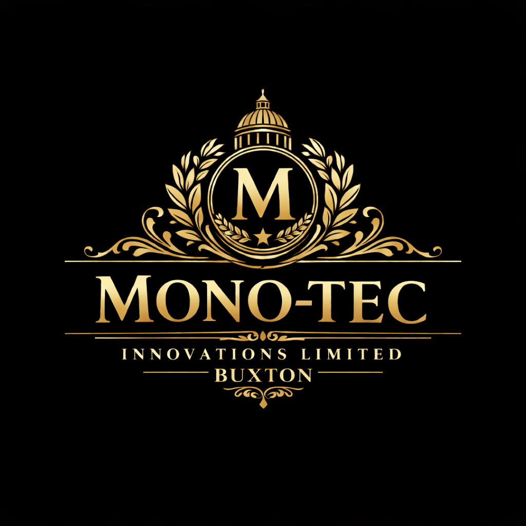 Gold and black logo for Mono-Tec Innovations Limited Buxton featuring a capital 'M' within a decorative crest with a dome and laurel leaves.