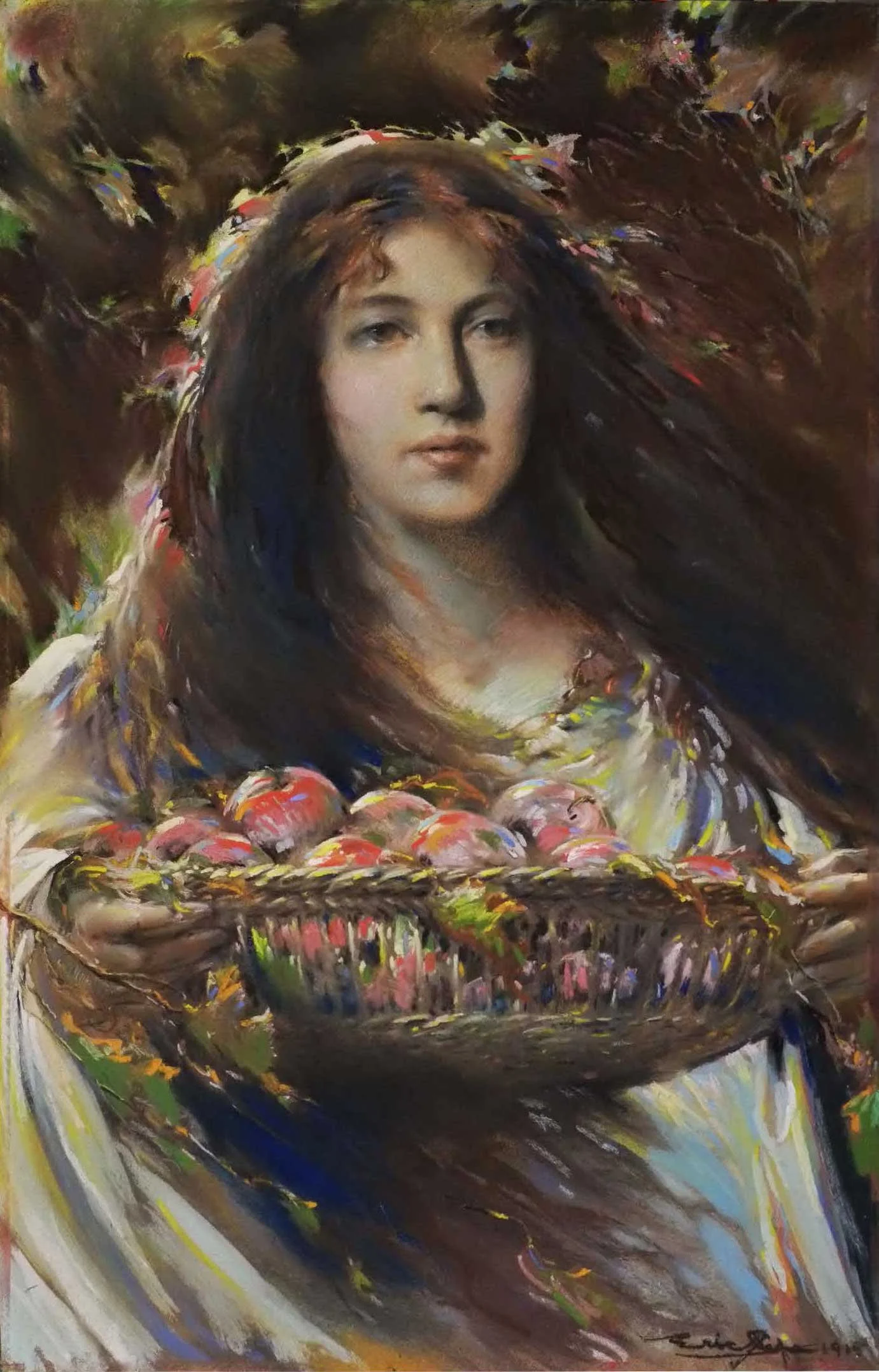 Portrait by Eric Pape, an oil painting of a woman with long dark hair holding a basket of apples.