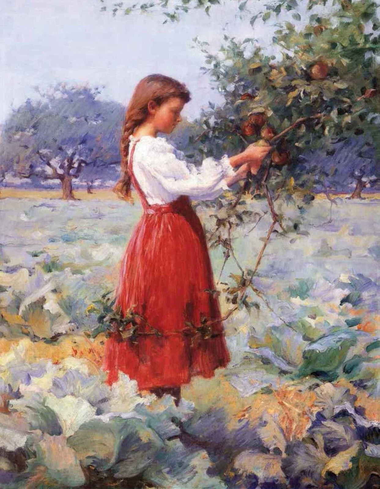 Portrait by Eric Pape, a young girl with braided hair wearing a white blouse and red skirt picking apples in an orchard.