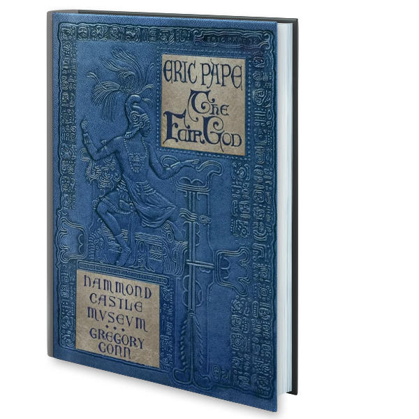 The cover of a book titled 'Eric Pape & The Far East' with a blue embossed design of a mythological figure and intricate patterns. The subtitle mentions Hammond Castle Museum and Greggory Conn.