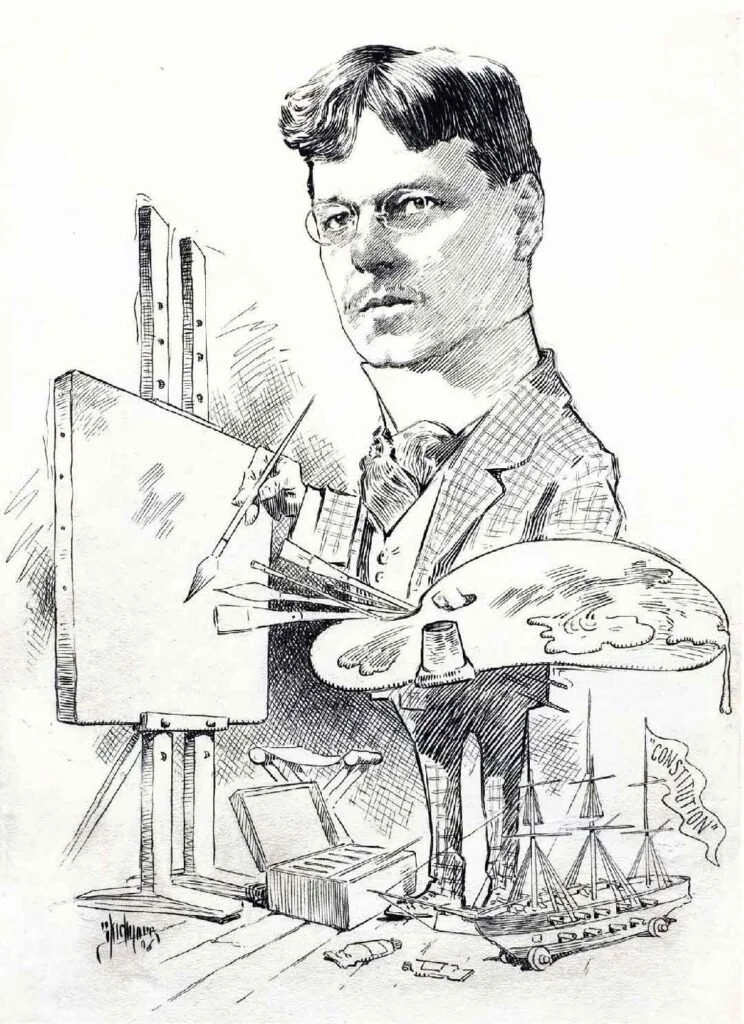 A line drawing of a man in a suit and glasses painting on an easel, with a painter's palette in his hand. The scene includes a ship model labeled 'Constitution,' which is a reference to the USS Constitution. The drawing style is sketchy and detailed.