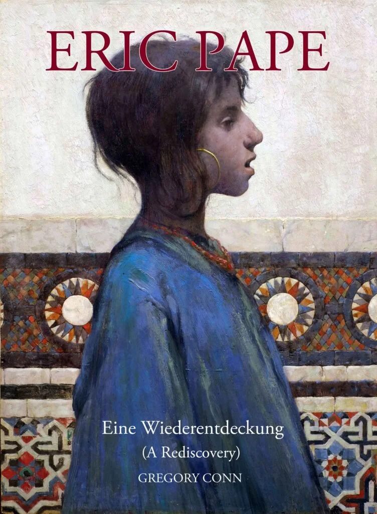 Book cover featuring a profile painting of a woman with dark hair, wearing a blue garment, with decorative tile patterns in the background. The author's name is Eric Pape, and the title is in German, 'Eine Wiederentdeckung (A Rediscovery)' by Gregory Conn.
