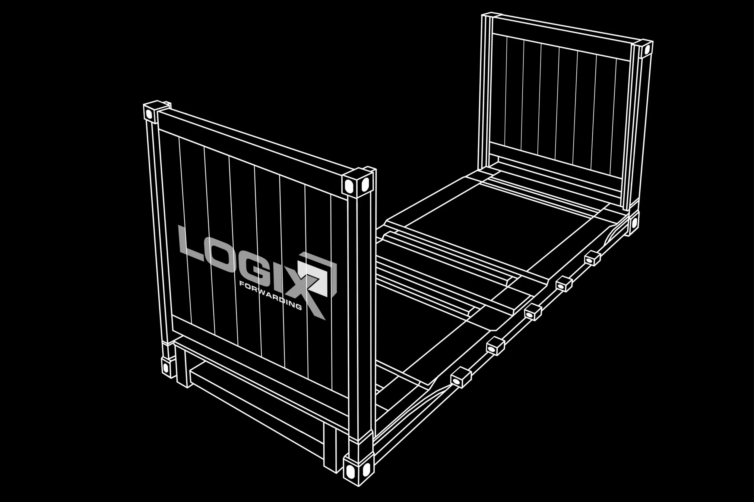 Line drawing of a computer or gaming chair with a backrest and seat, featuring a LOGIX branding and a moving forward arrow on the side panel, placed on a wheeled platform.