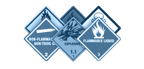 Four chemical hazard labels indicating non-flammable, non-toxic, explosive, and flammable liquid.