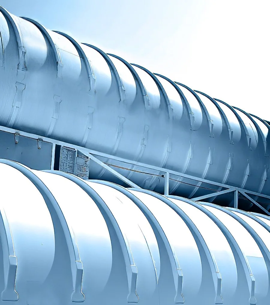 Close-up view of shiny, metallic industrial pipes or ducts set against a light sky background.
