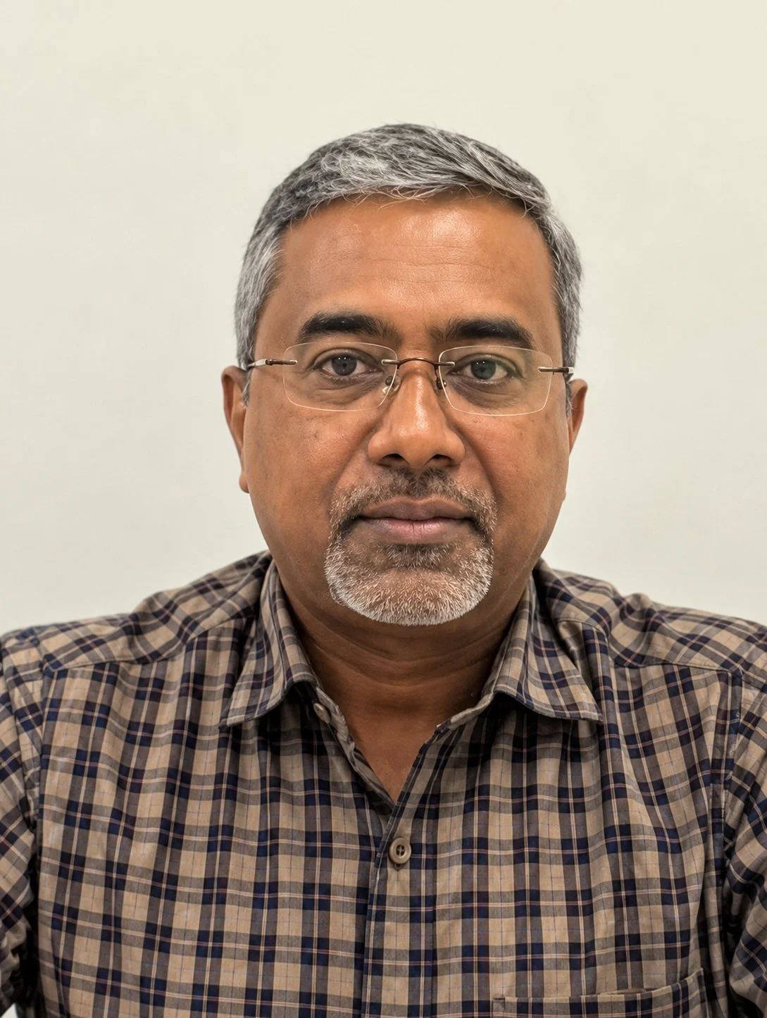 A middle-aged man with short gray hair, glasses, and a goatee, wearing a checkered shirt, standing against a plain light-colored wall.