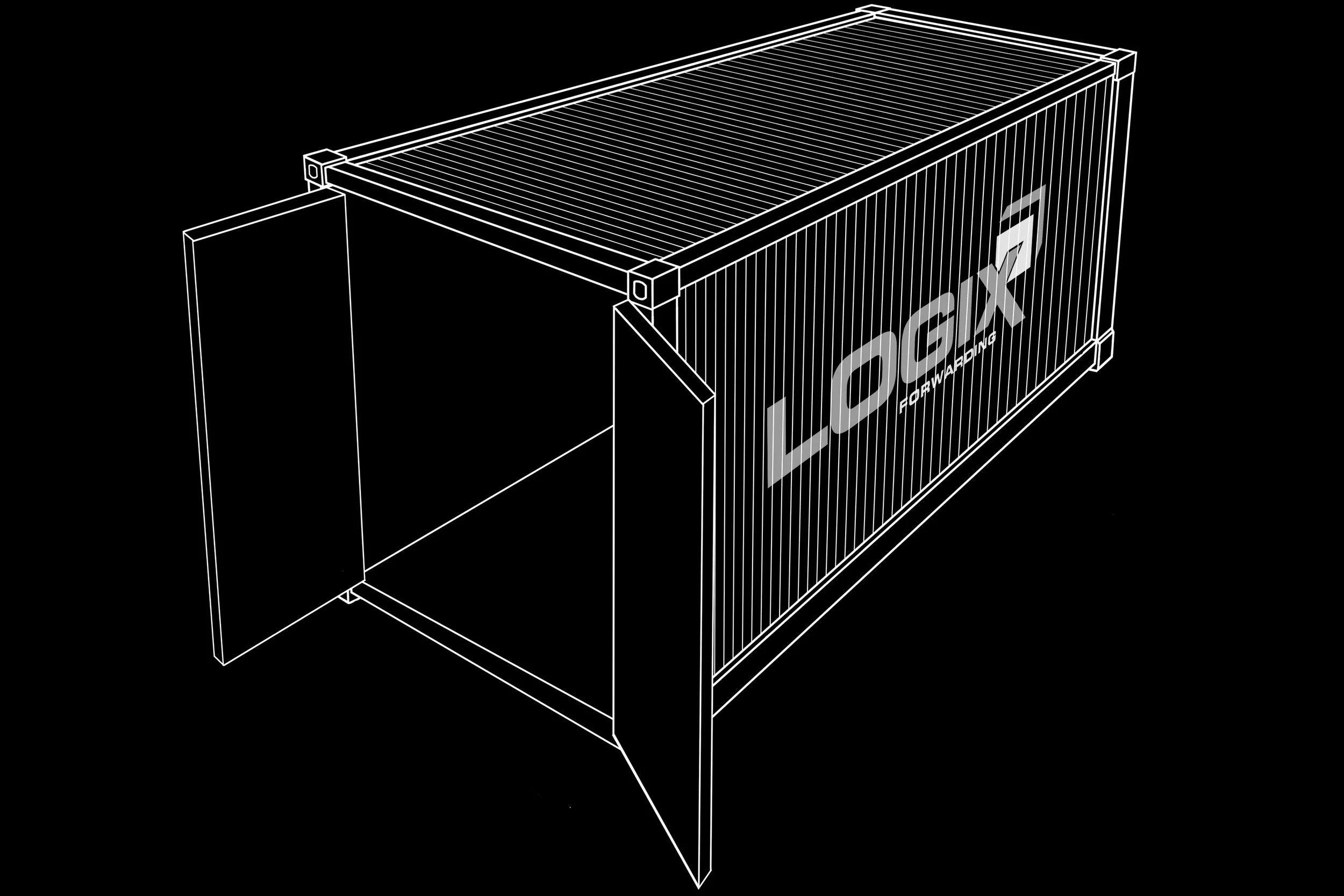 Wireframe illustration of a shipping container with LOGIX branding on the side.