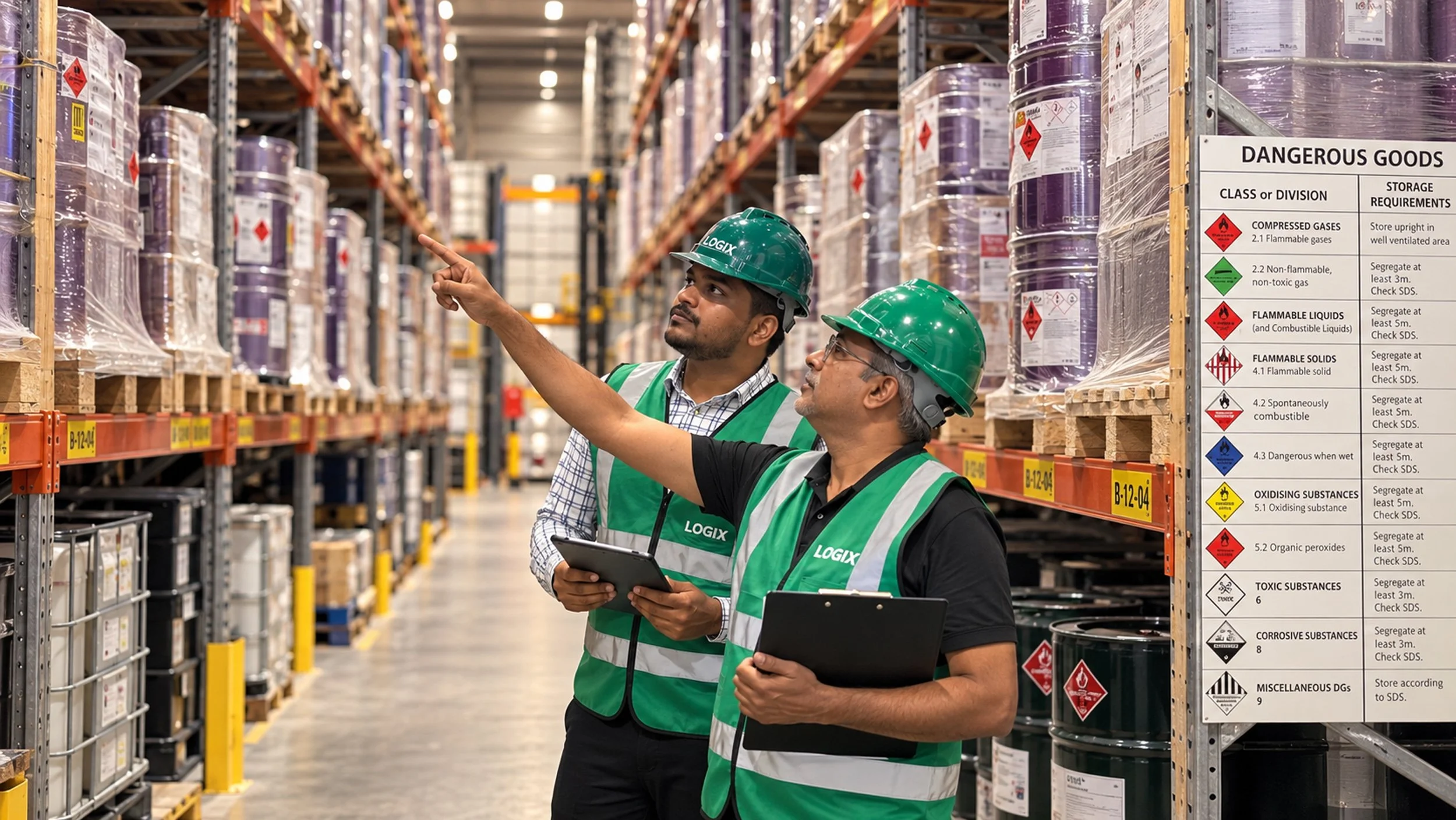 LOGIX team checking dangerous goods storage and hazard class signage in a Dubai warehouse