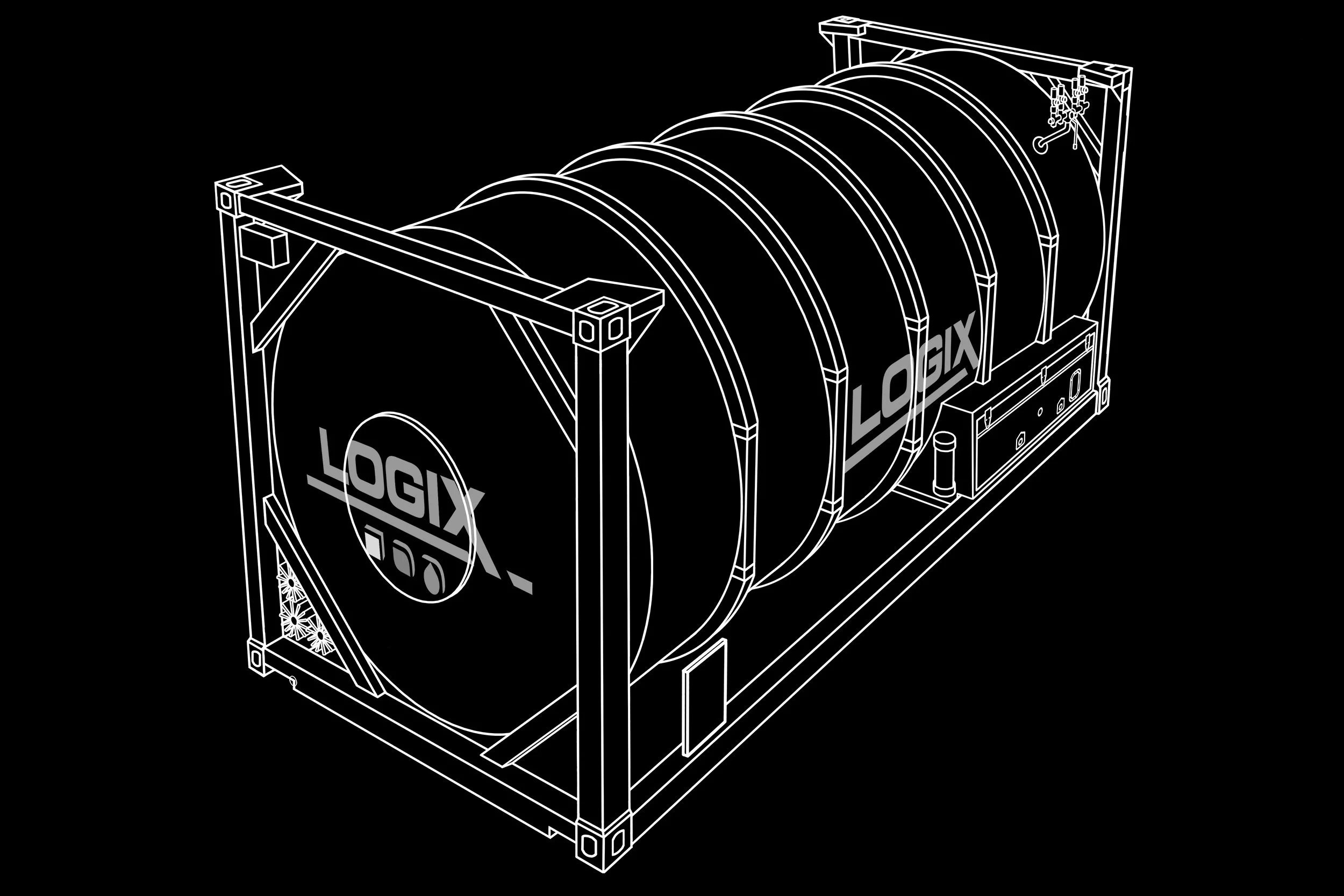 A digital blueprint of a computer graphics card labeled 'LOGIX' with detailed line drawings of its components against a black background.
