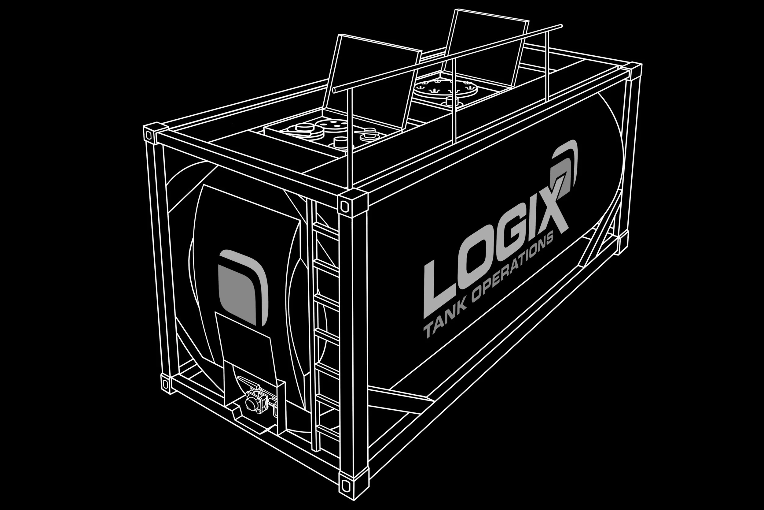 Technical line drawing of a LOX tank operation setup with the logo on the side.