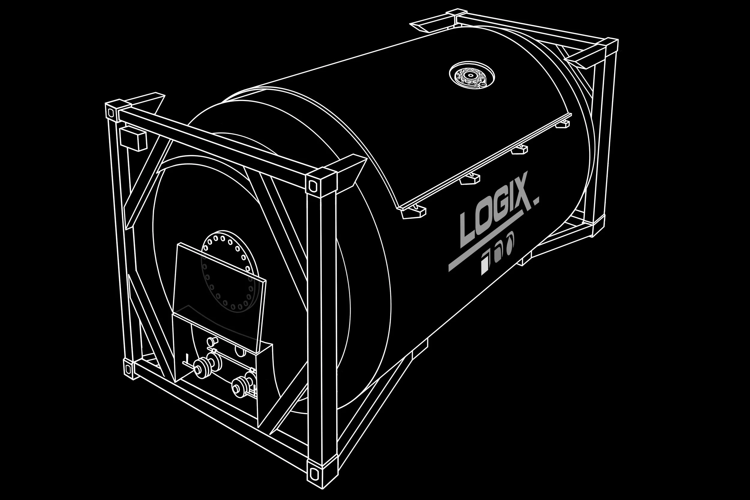 A technical line drawing of a large industrial machine, labeled 'LOGIX,' with various mechanical components, a control panel, and an internal gear system displayed on a black background.