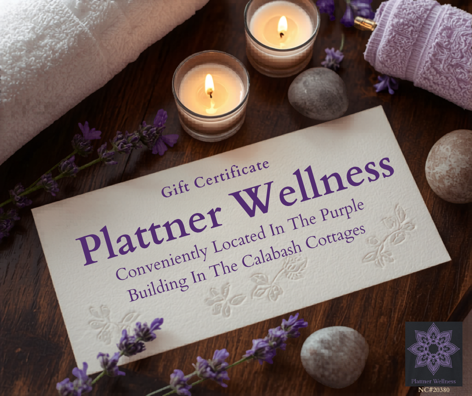A gift certificate for Plattner Wellness placed on a wooden table, surrounded by lavender flowers, two lit candles, rolled towels, and smooth stones, with the wellness logo in the bottom right corner.