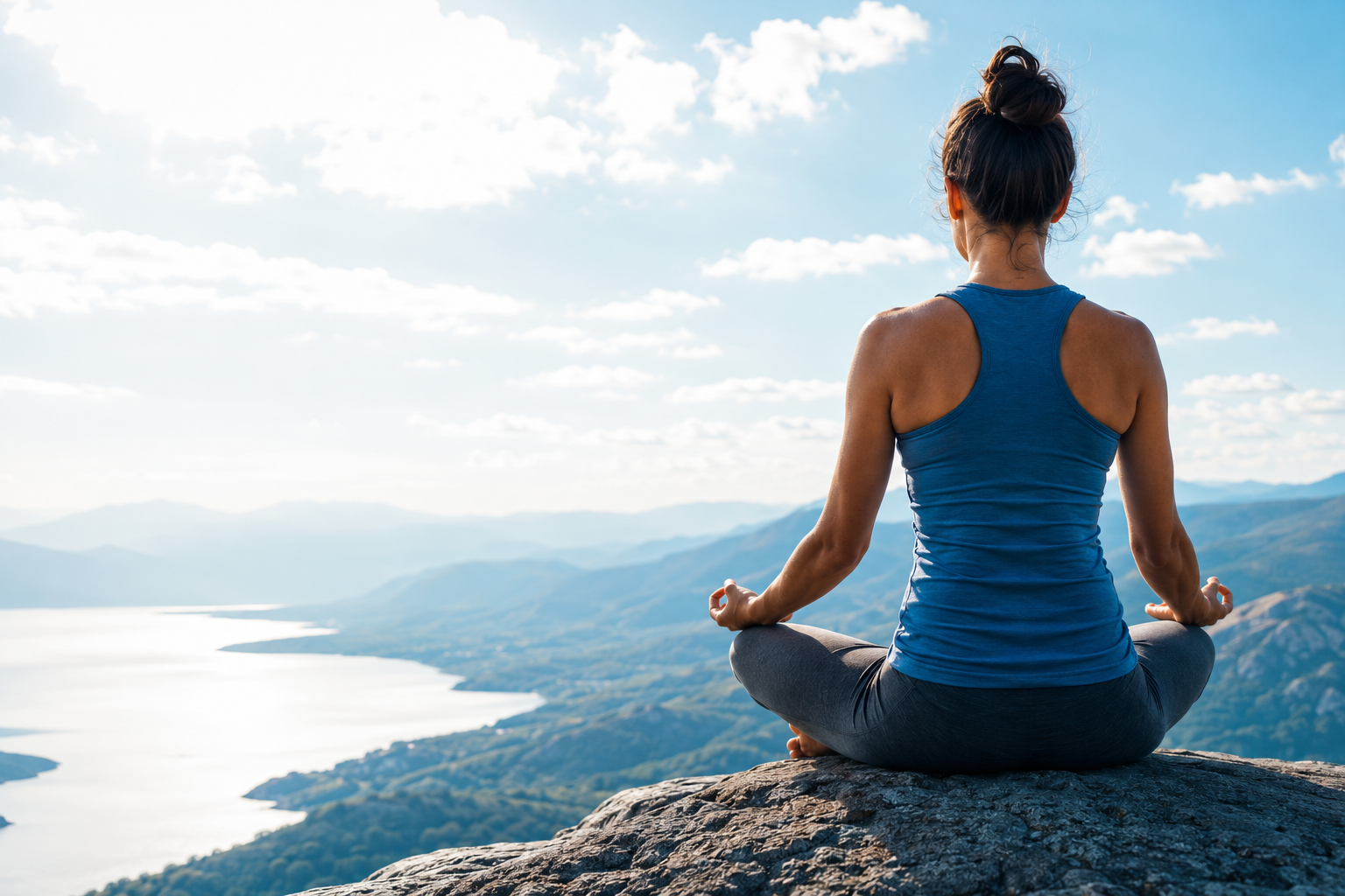 A woman practicing yoga, reducing stress, actively seeking better health.
