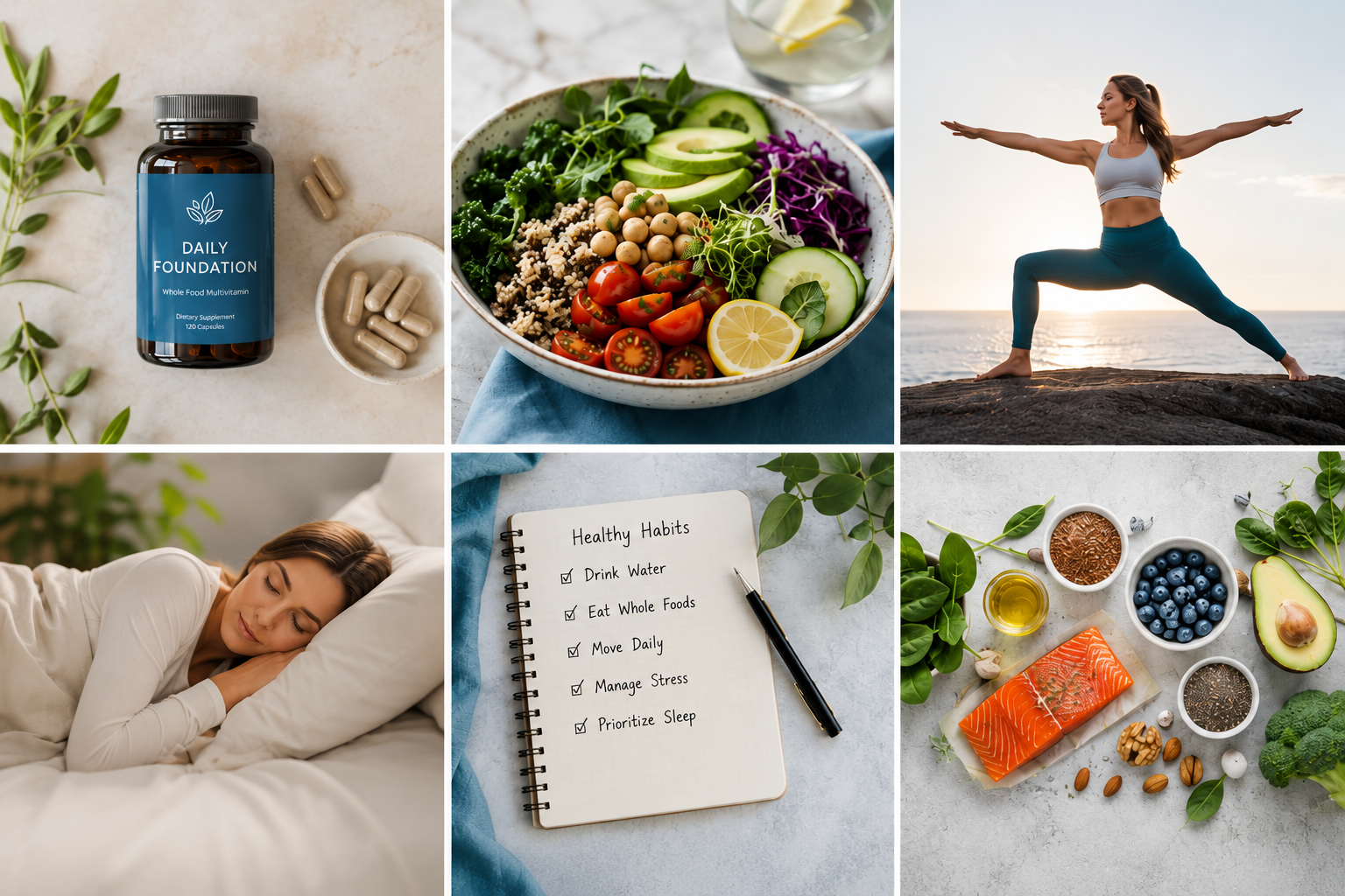 Collage of six images representing our approach to better health, gained through diet, rest, exercise, stress reduction, and supplementation.
