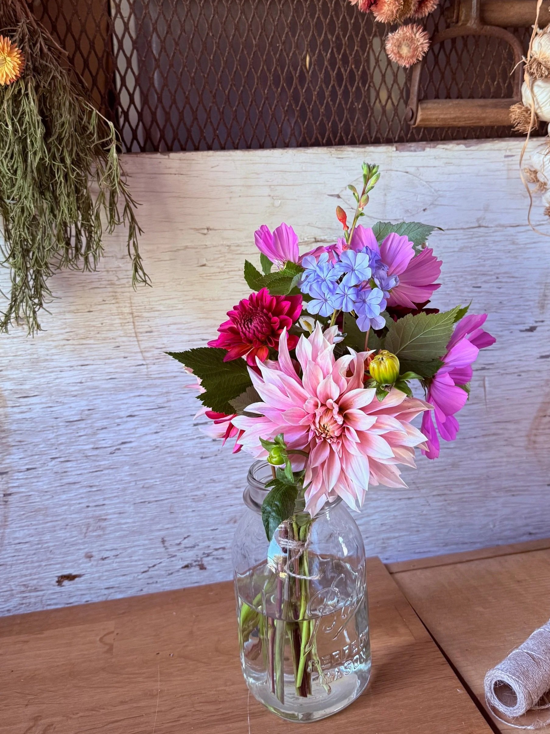 Colorful bouquet of pink dahlias, red dahlias, blue flowers, and purple cosmos in a clear glass vase on a wooden surface.