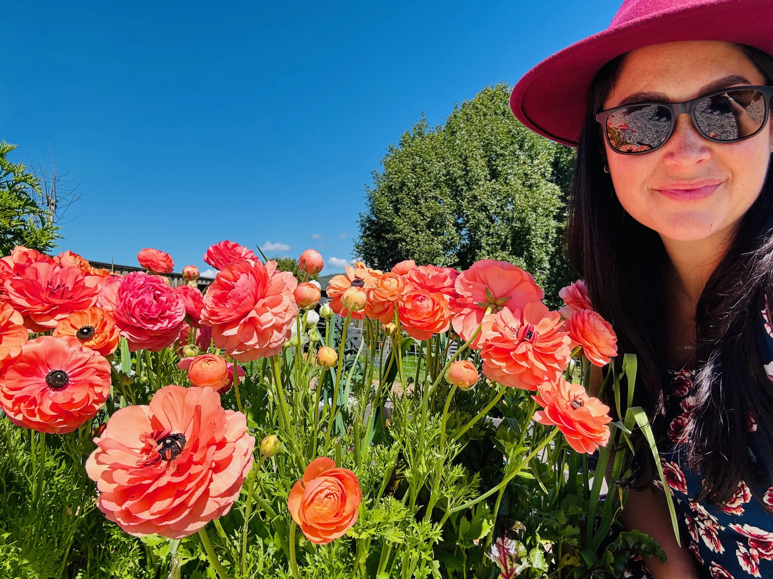 A woman with long dark hair, wearing dark sunglasses, a pink wide-brimmed hat, and a floral dress, smiling in a garden filled with pink and orange flowers under a clear blue sky.