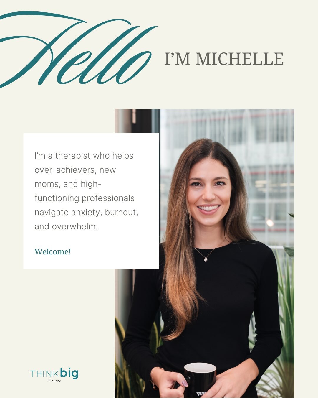 Hi, I&rsquo;m Michelle!
 I&rsquo;m a therapist who works with over-achievers, new moms, and high-functioning professionals navigating anxiety, burnout, and overwhelm.
Many of the people I work with are capable, responsible, and used to pushing throug