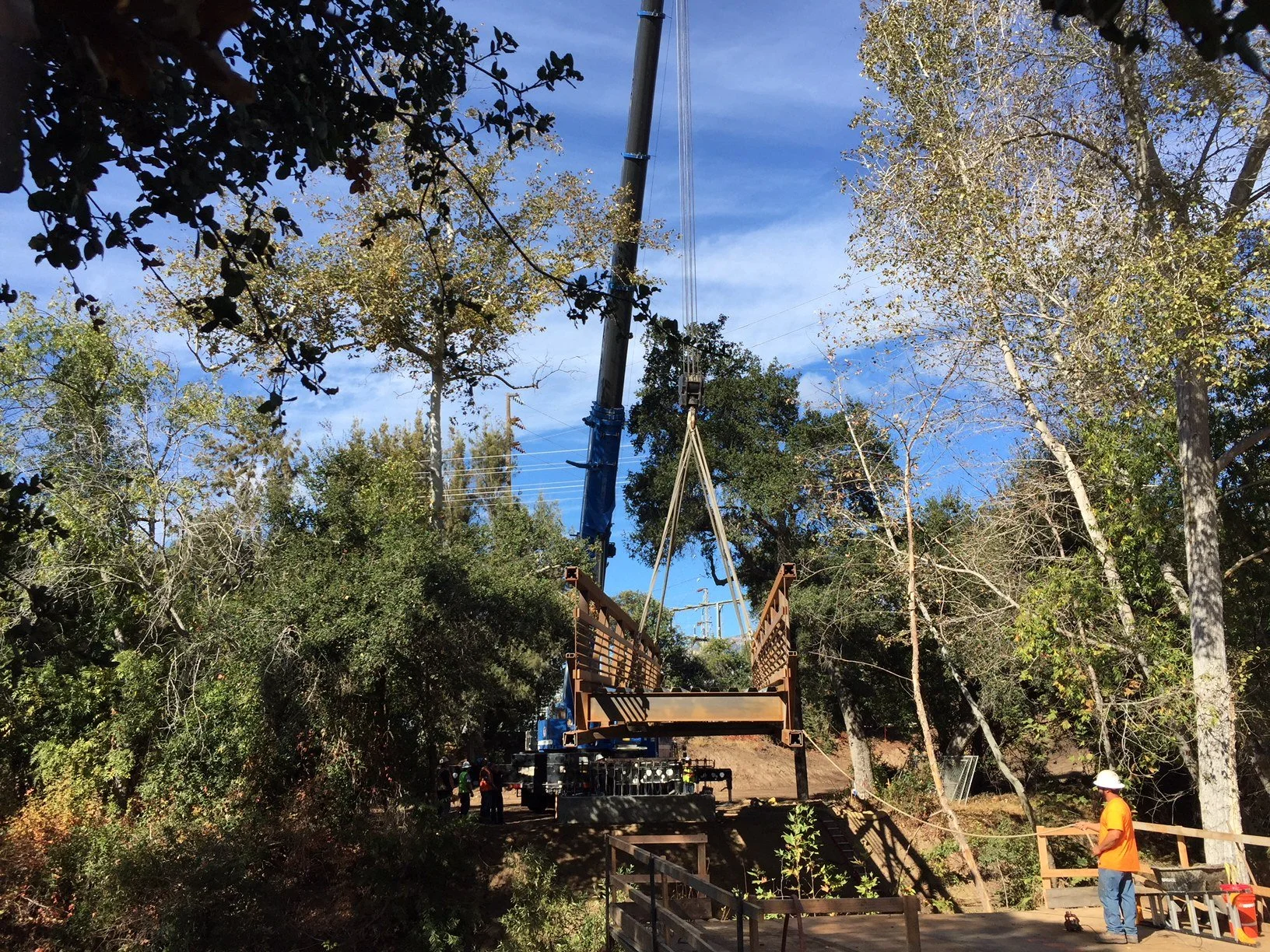 A crane lifting a large wooden bridge into place over a wooded area, with utility poles and power lines in the background, and workers on site guiding the installation.