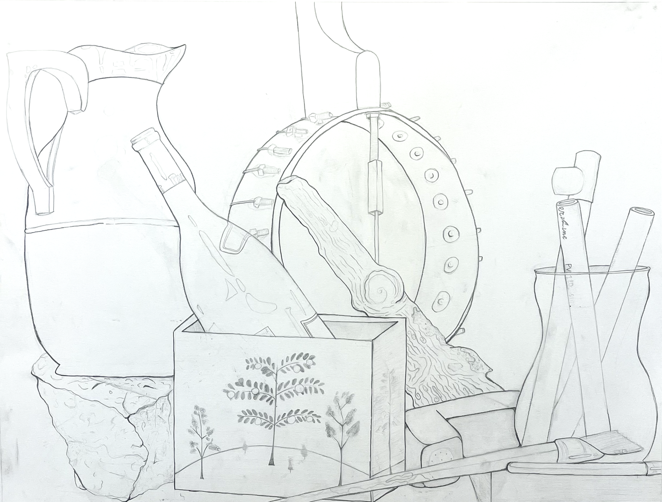 Still life utilizing line-weight techniques, graphite, 22" x32", 2024. 