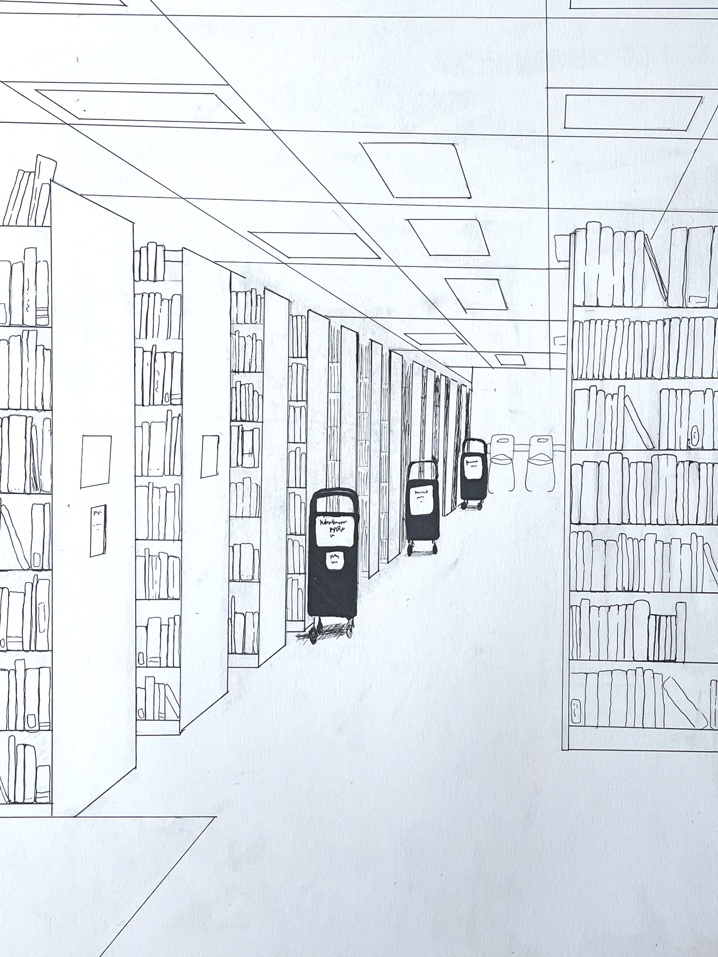 Perspective study, micron pens, 22"x32", 2024.