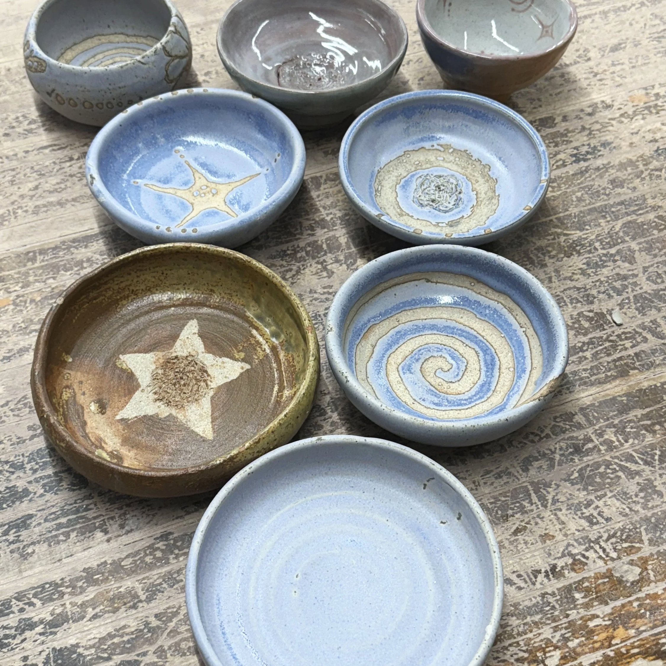 My first batch of bowls, wheel thrown, 2025.
