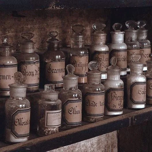 Old apothecary jars on a wooden shelf labeled with vintage handwritten labels