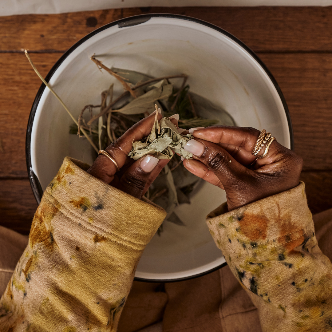 Person with painted nails and rings on hands holding dried leaves over a bowl of water, with other dried leaves inside.