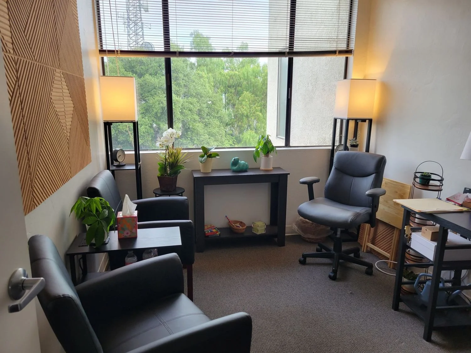 An office with a black desk and black chairs, a window with blinds, potted plants, lamps, and various office supplies.