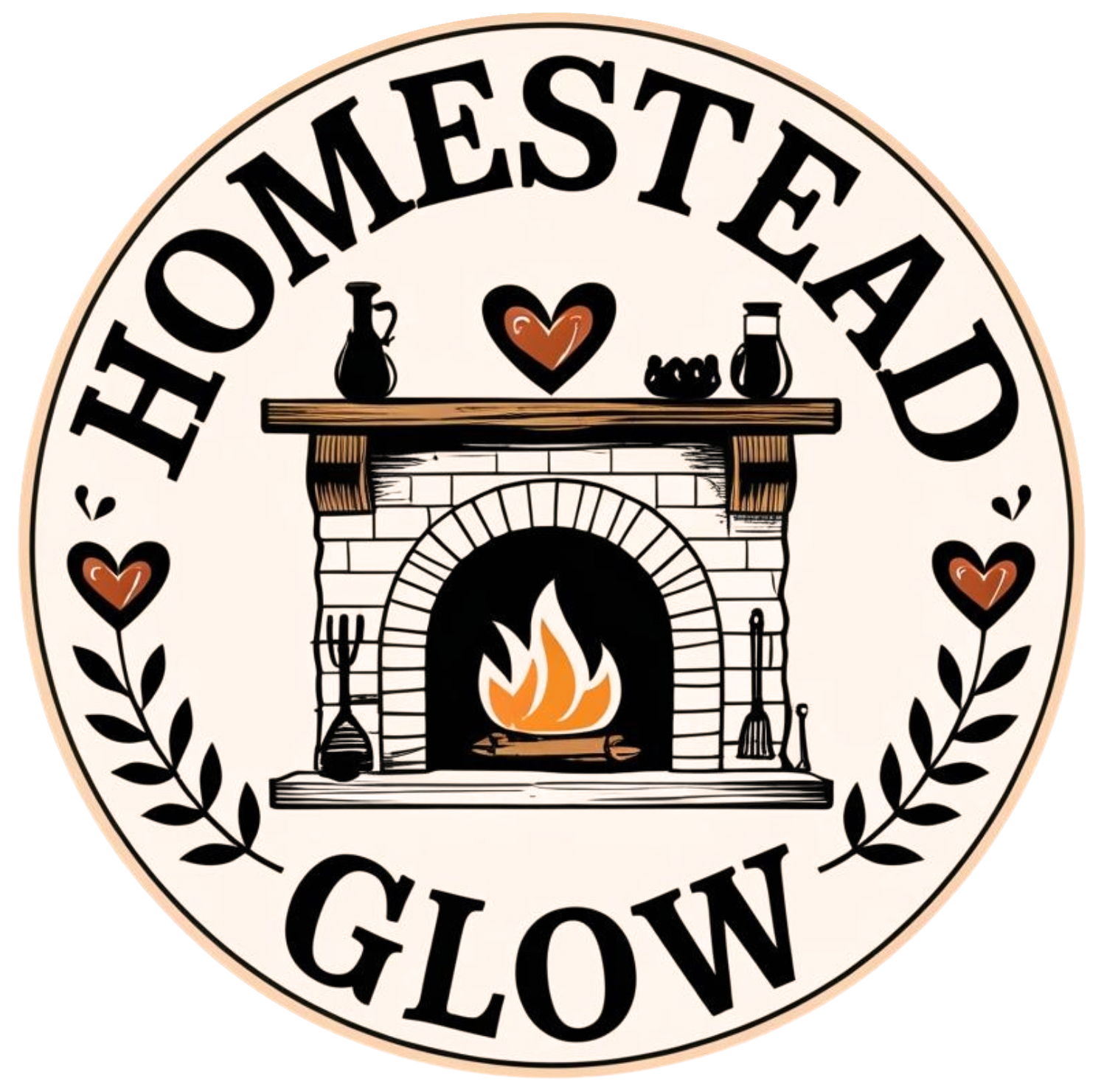 A circular logo with the words 'Honest Head Glow' around a fireplace illustration. The fireplace has a fire with flames, a mantel with decorative items including pitchers and hearts, and a leafy border.