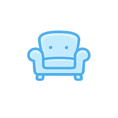 A glowing cartoon illustration of a blue armchair with rounded arms, a cushioned seat, and backrest, against a dark background.