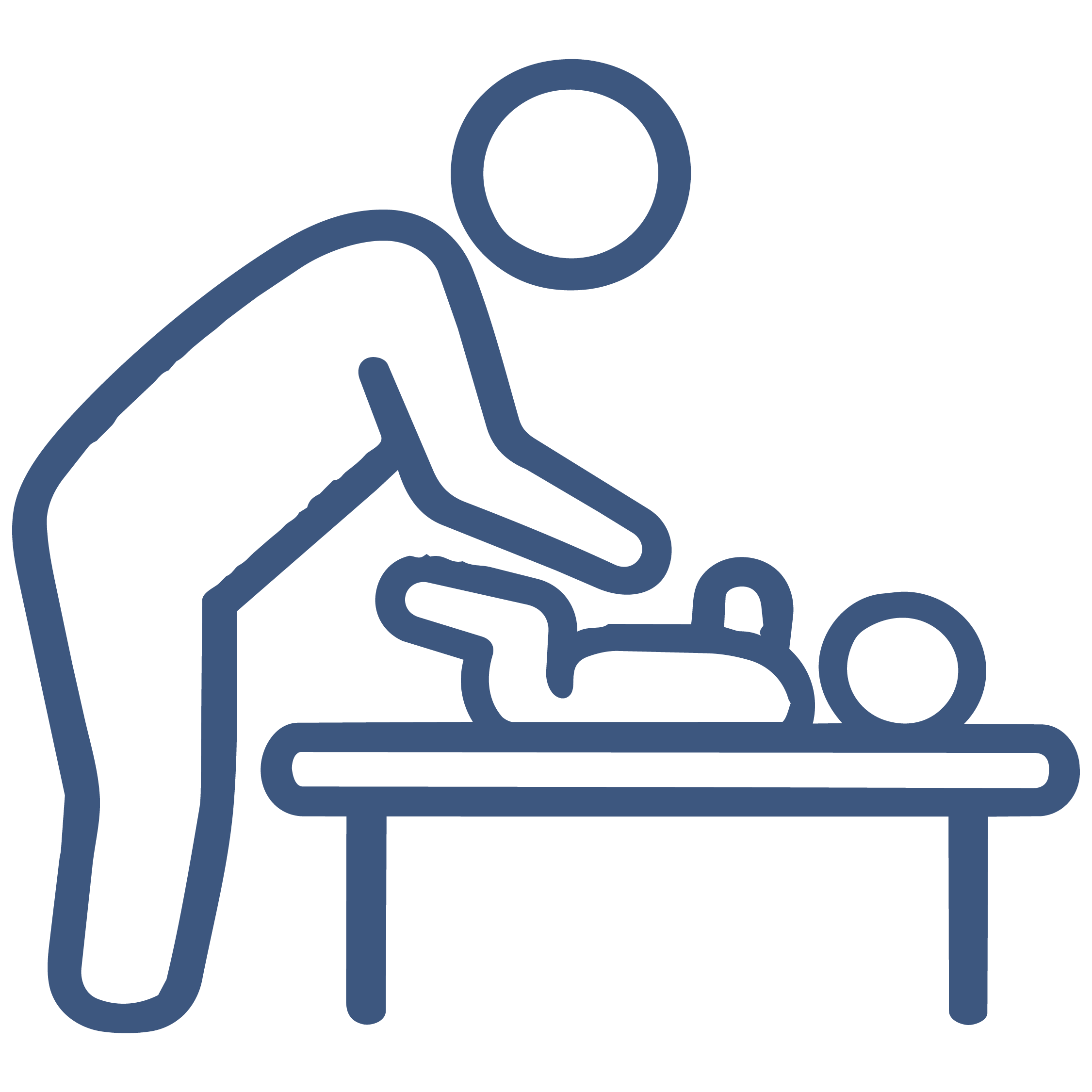 Outline of a person sitting at a desk with a computer, with a clock on the wall and a chair.
