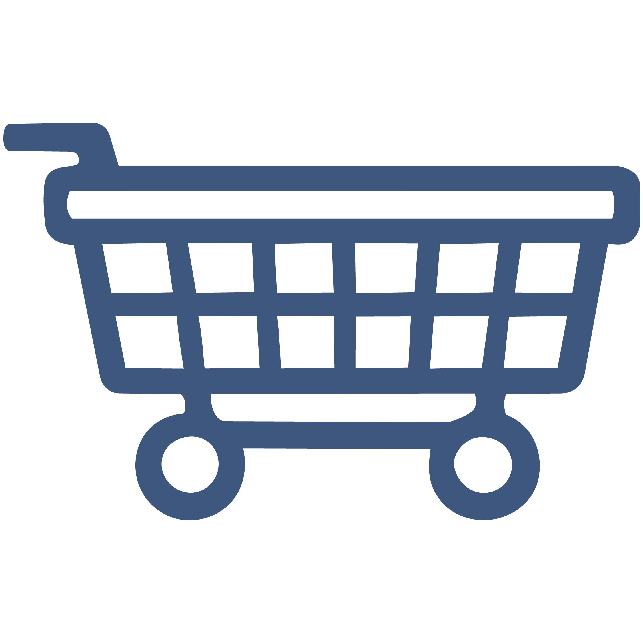 Icon of a shopping cart in dark blue.