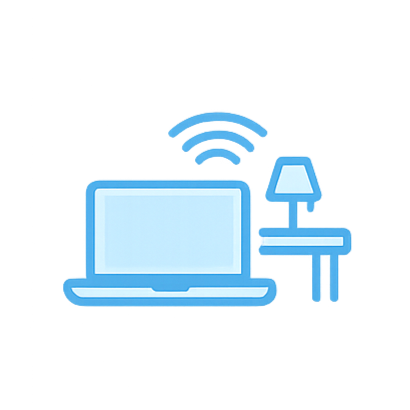 Digital illustration of a laptop with wireless signals, a table lamp, and a desk.