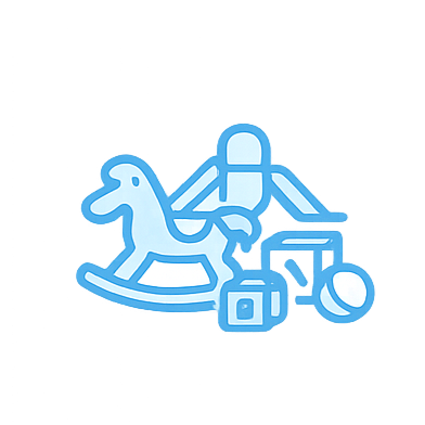 Icon of a child's playground with a rocking horse, slide, and sandbox.