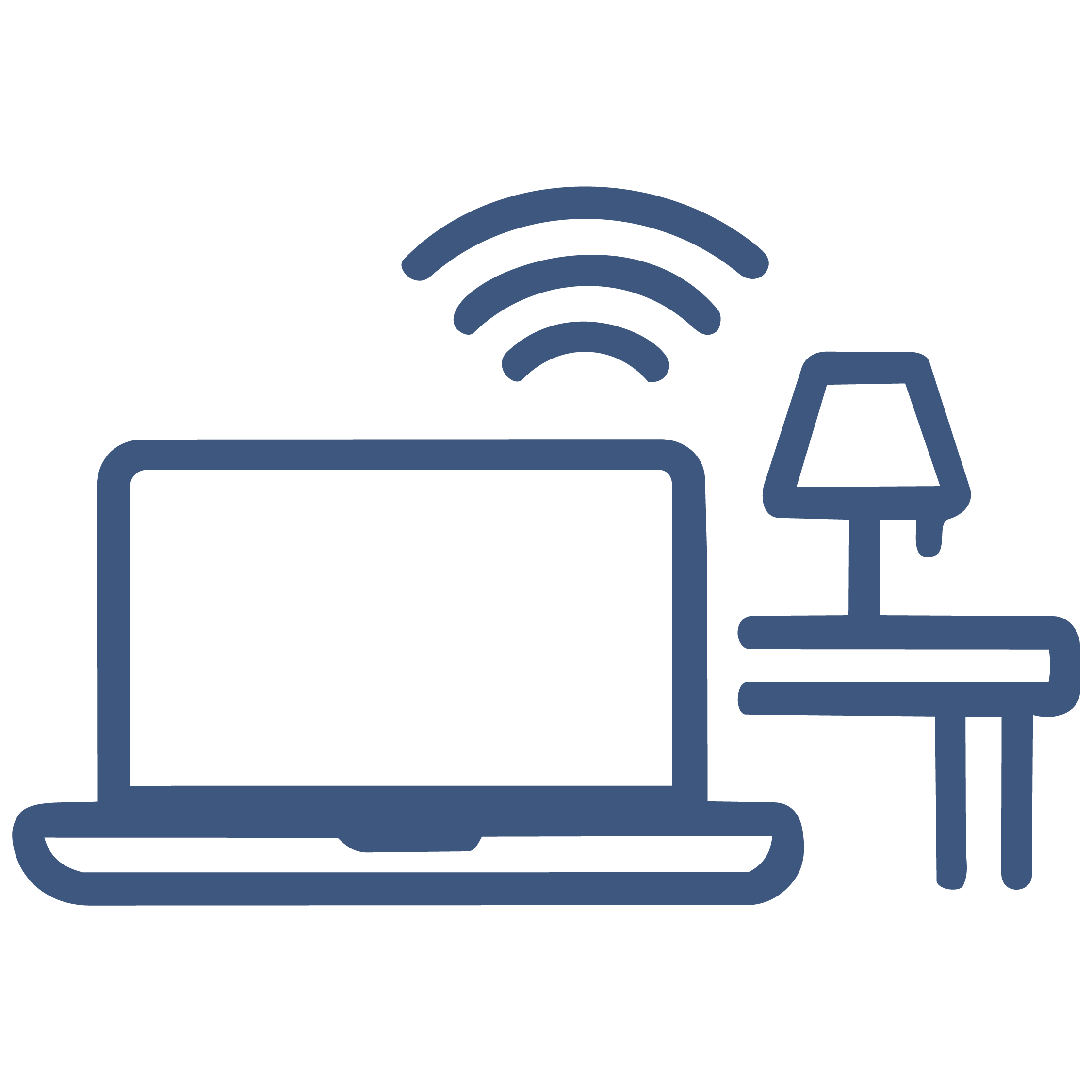 Simple line drawing of a Wi-Fi signal, a computer monitor, and a glass of water.