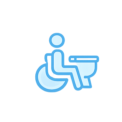 A blue and white wheelchair-accessible icon with a person sitting at a desk.