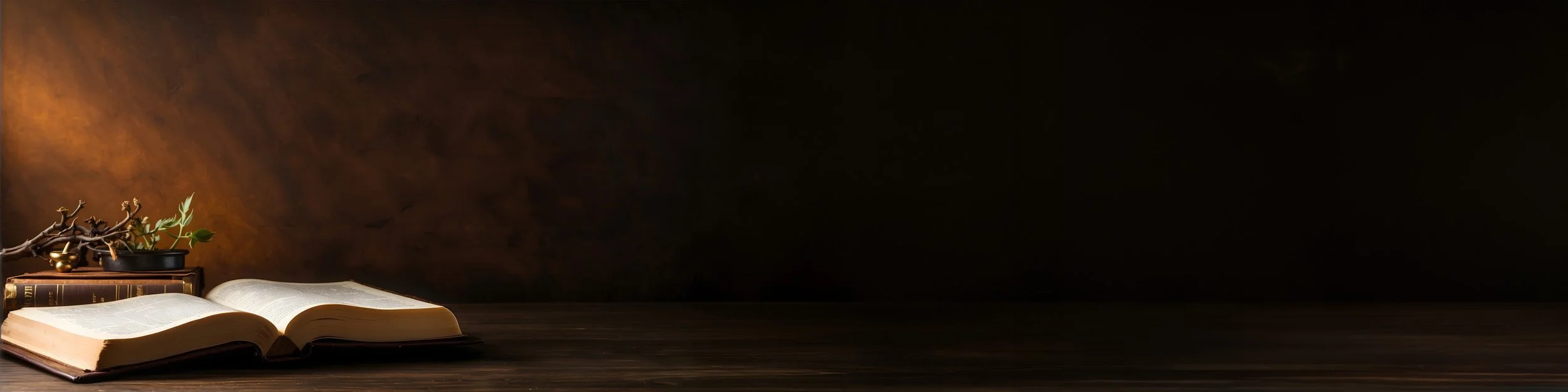 Open book on a wooden table with a small plant and a brass container in the background, minimal lighting, dark wall