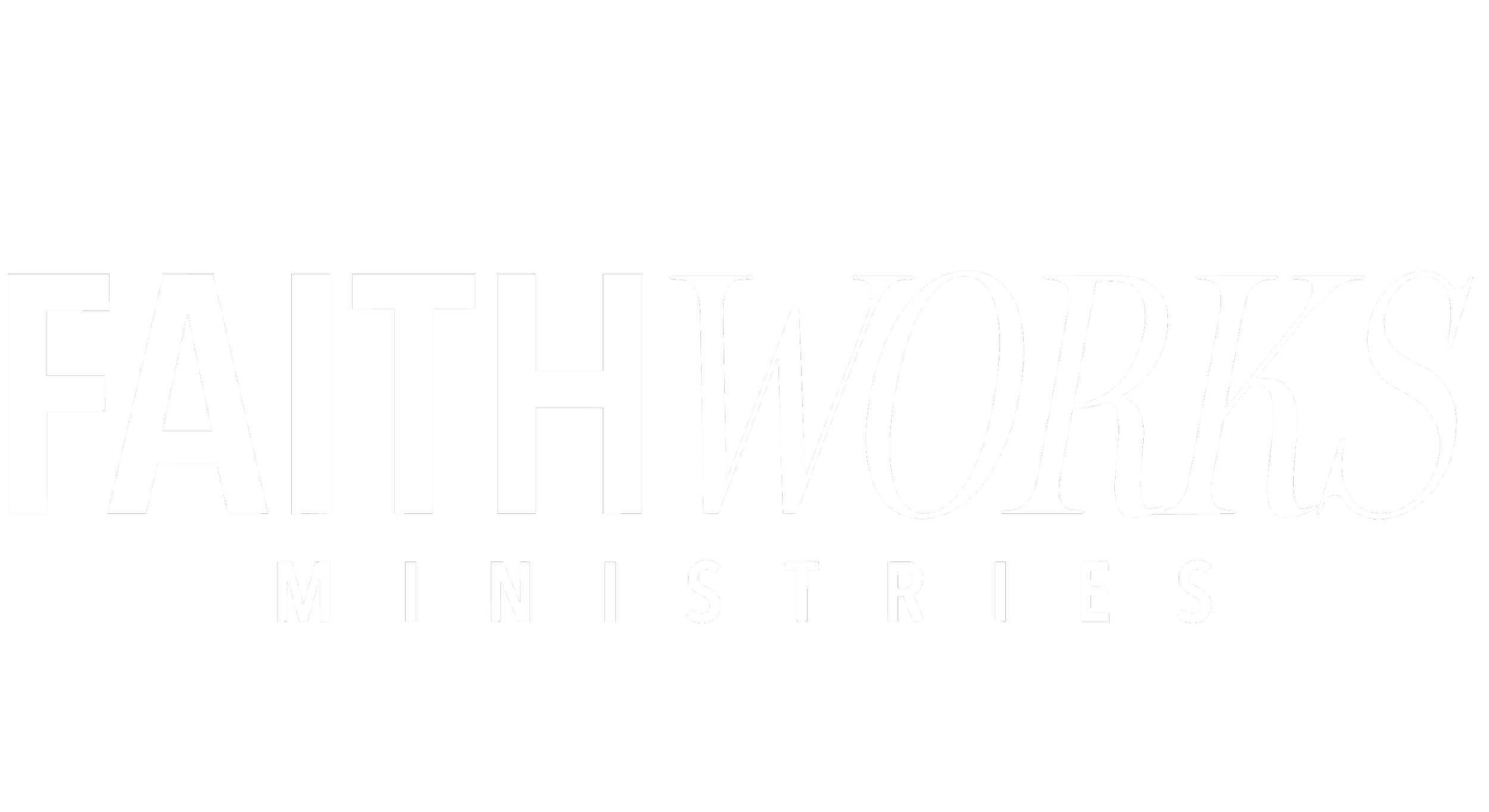 Logo for Faith Works Ministries in white text on black background.