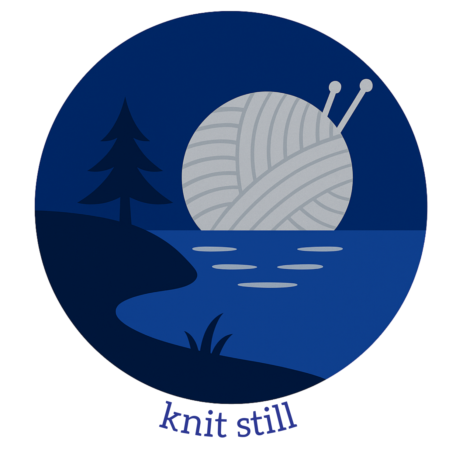 A circular logo with a dark blue background featuring a stylized landscape with a pine tree, a water body, and a large grey ball of yarn in the sky. The phrase "knit still" is written underneath the graphic.
