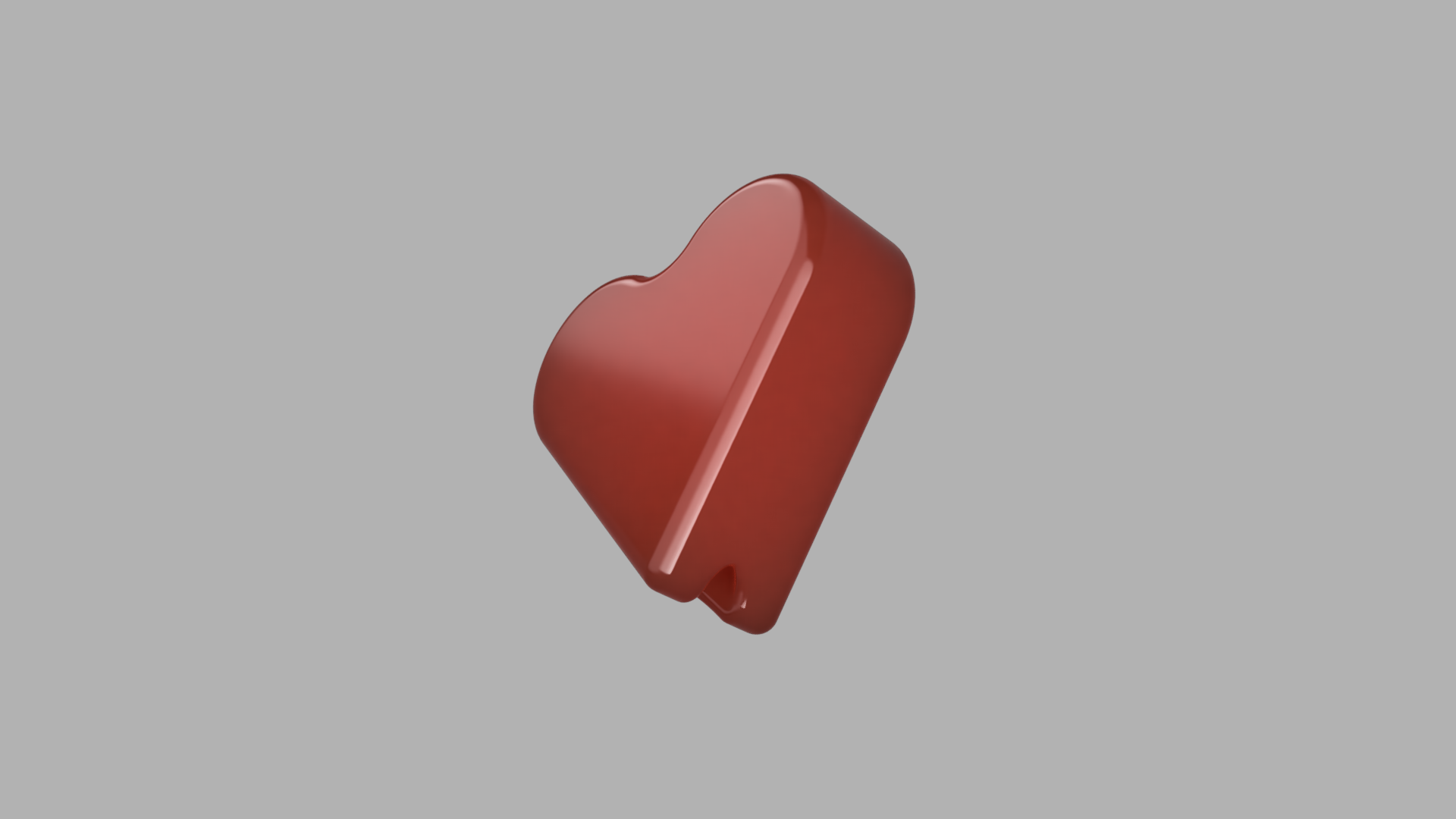 a red, heart-shaped object with a diagonal white line across it, set against a plain gray background.