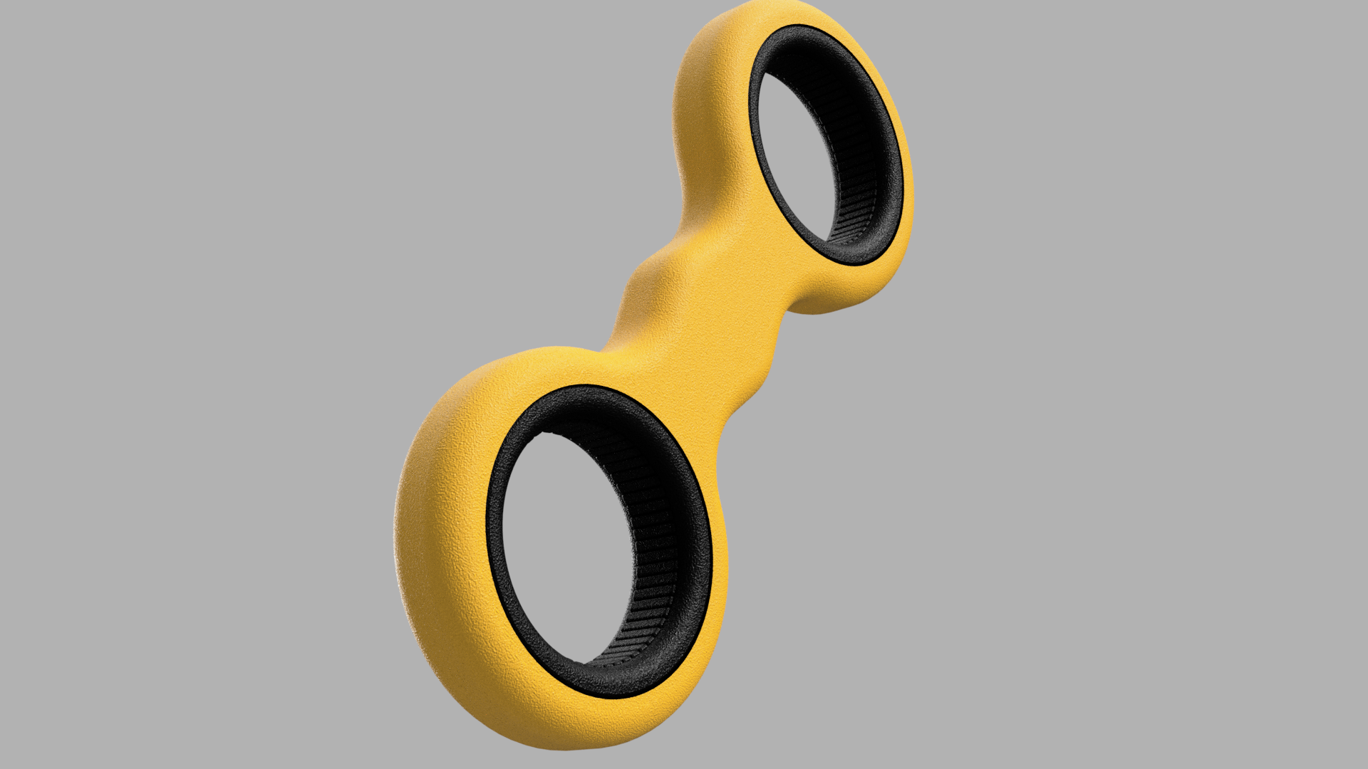 Yellow and black fidget spinner with a unique shape, featuring two large circular openings, on a plain gray background.