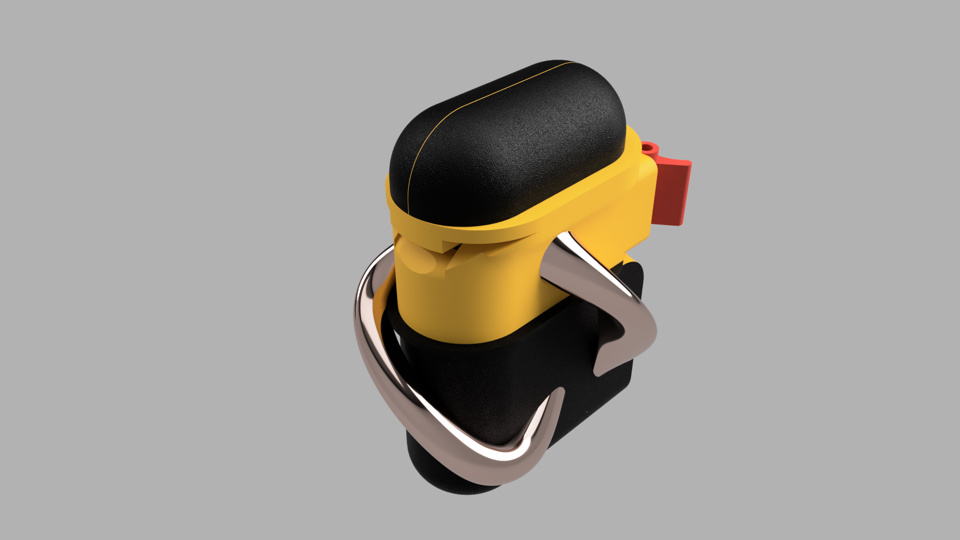 A yellow and black handheld device with a red button and silver handle against a gray background.