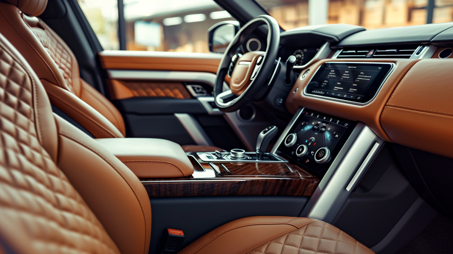 Interior view of a luxury car with tan leather seats, dashboard, and center console with wood trim and digital displays.