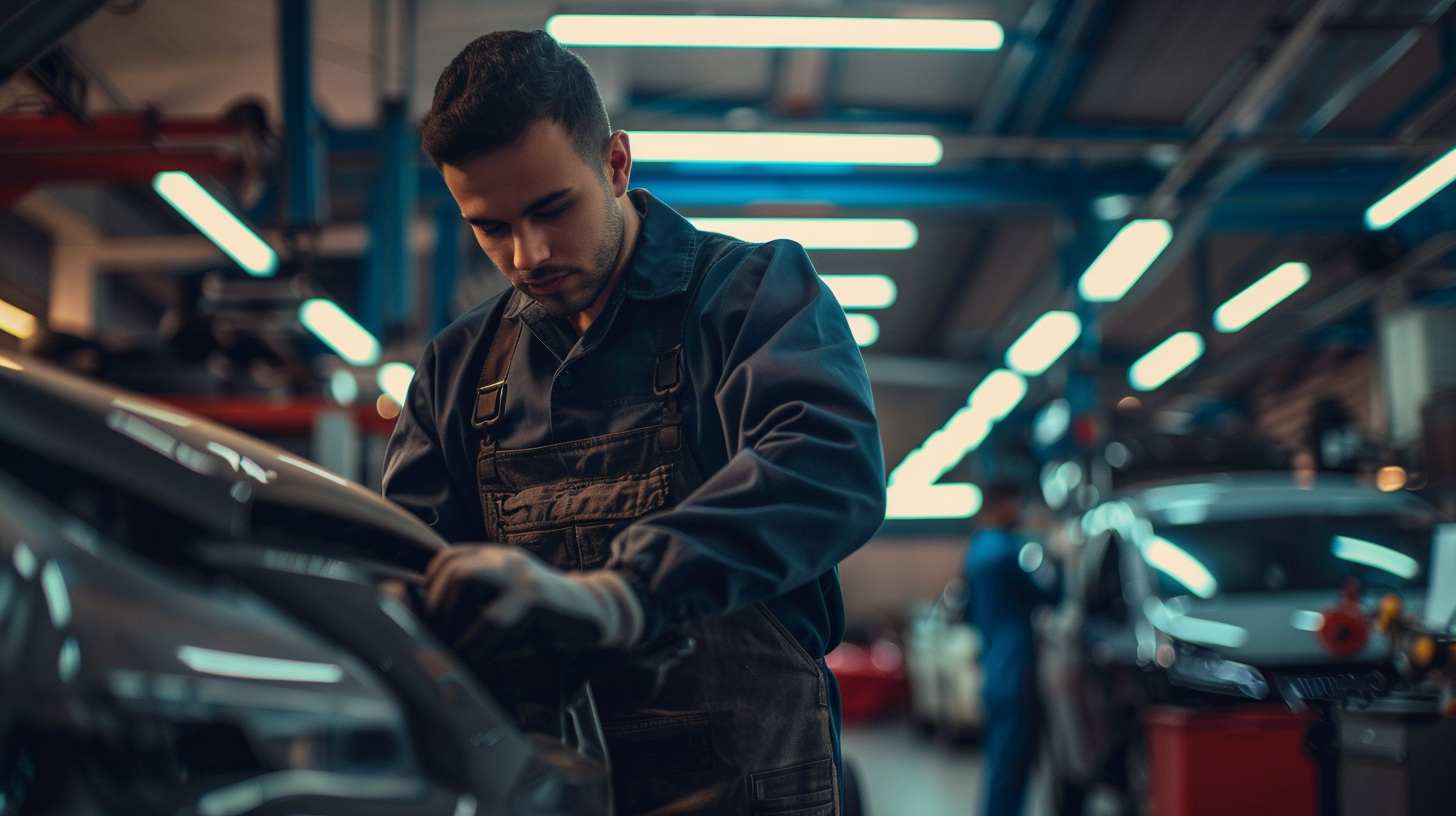 Male mechanic inspecting a car in an auto repair shop