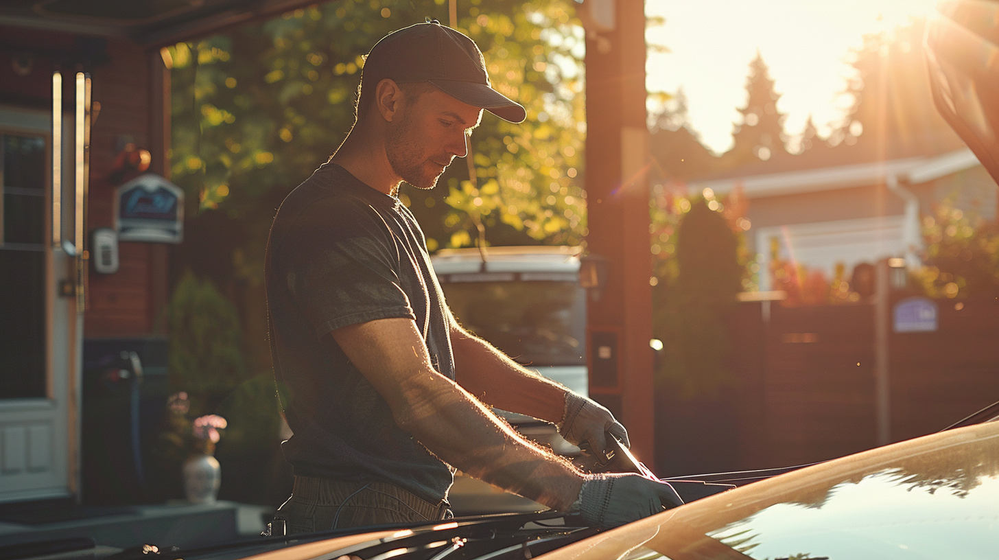 A man working on a car in his driveway during sunset, wearing gloves and a cap, with a suburban backyard in the background.