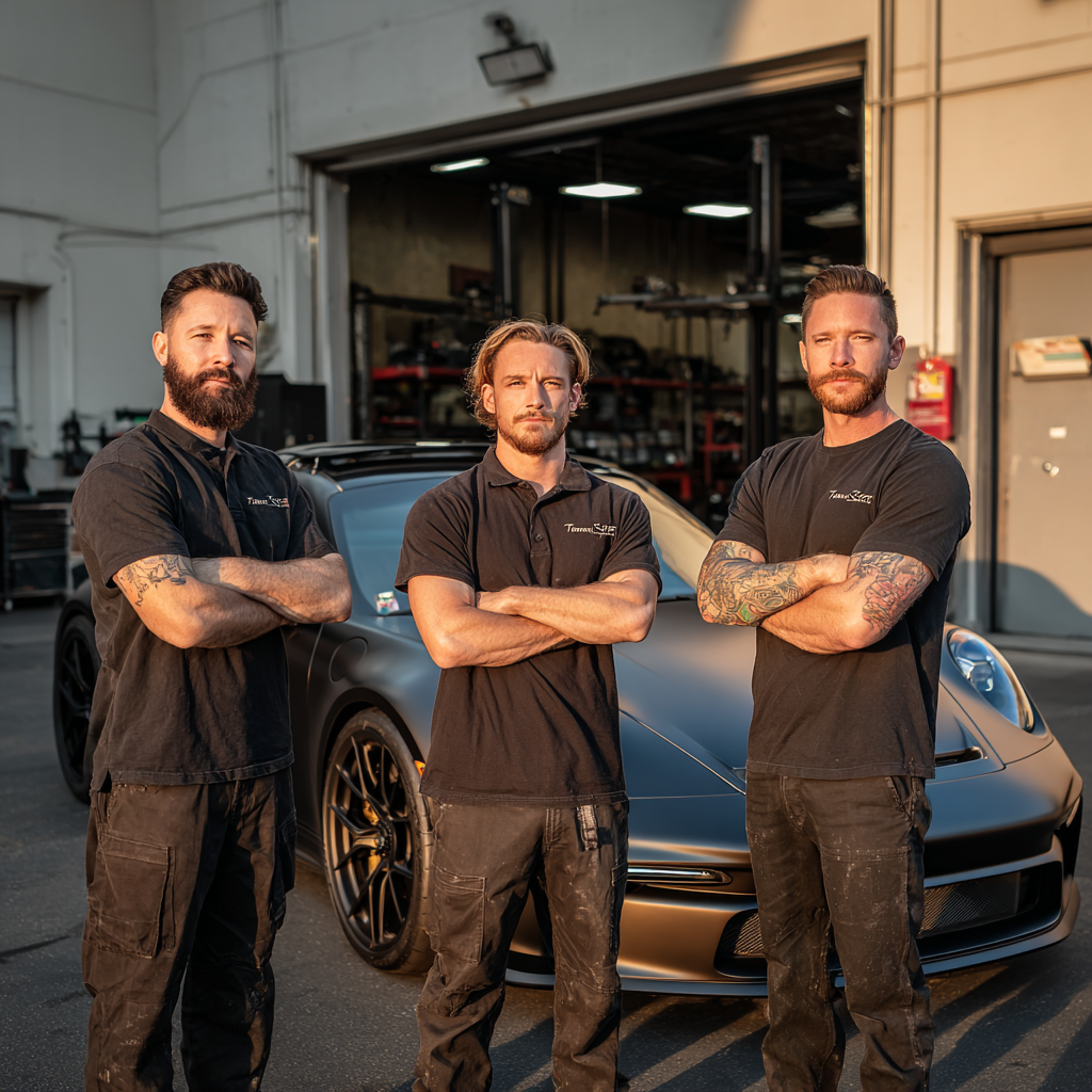 Three men with arms crossed standing in front of a sleek black sports car outside an auto repair shop. They are dressed in black work shirts and pants, with the shop's interior visible in the background.