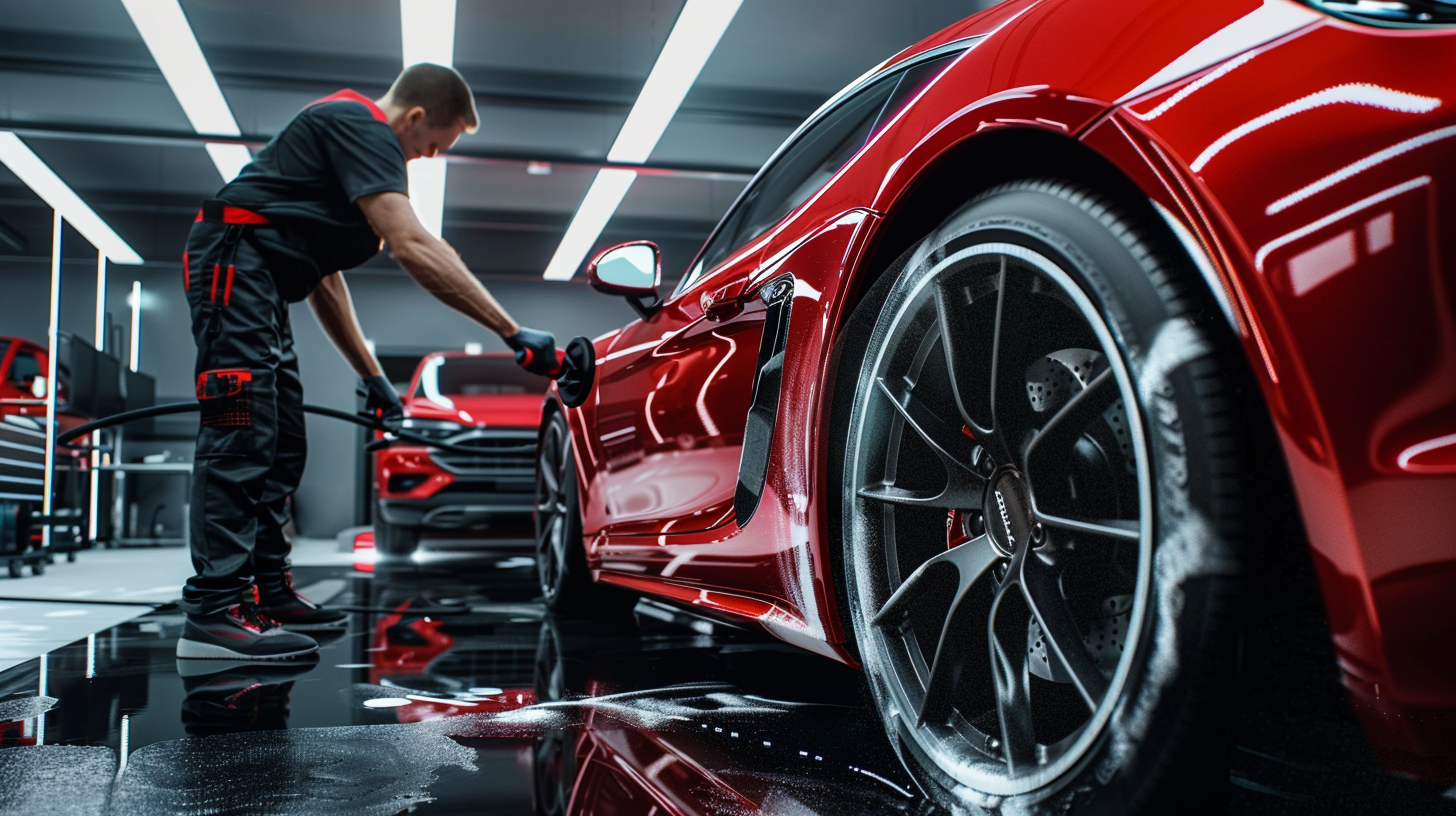 A mechanic hand washing a red luxury sports car in a modern garage.